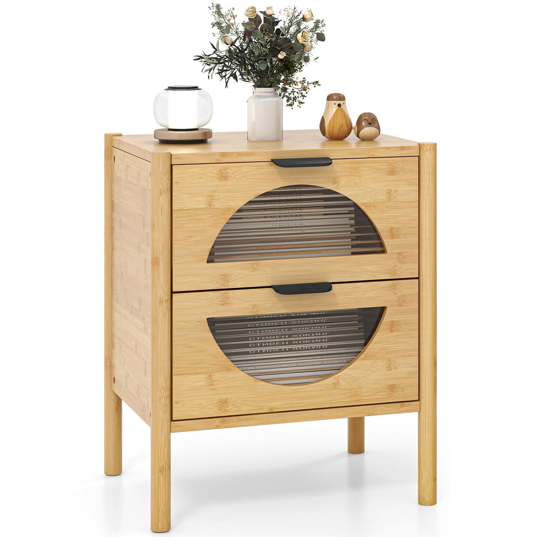 Giantex Bamboo Nightstand, Mid-Century Modern Bedside Table with 2 Storage Drawers &amp; Tempered Glass