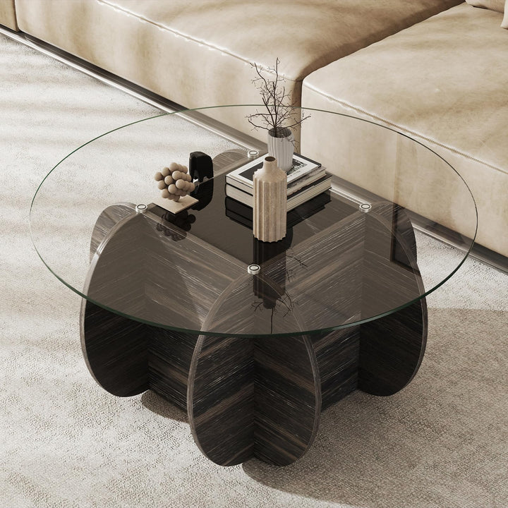 Giantex 35" Glass Round Coffee Table with Storage Tempered Glass Top &amp; Solid Wood Base