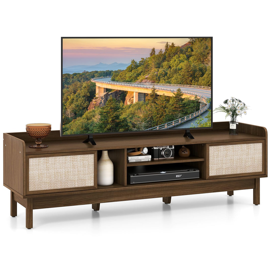 Giantex TV Stand for 65” TV, Entertainment Center with Woven Doors, Sliding Door, Adjustable Shelf &amp; Compartment