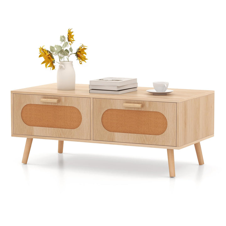 Giantex Rattan Coffee Table, Mid Century Modern Center Table with 2 Storage Drawers &amp; Back Compartment