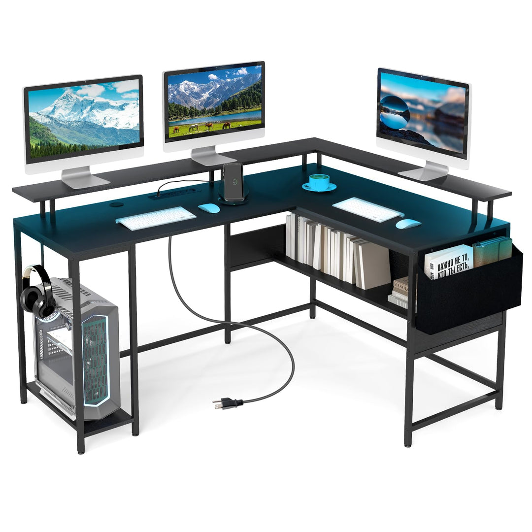 Giantex L Shaped Desk with LED Light &amp; Power Outlets Ergonomic Home Office Desk