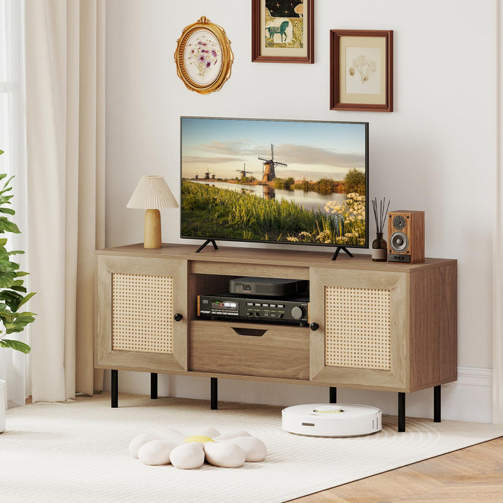 Giantex Boho TV Stand for 50-60 Inch TV with Storage Cabinets Drawer &amp; PE Rattan Doors