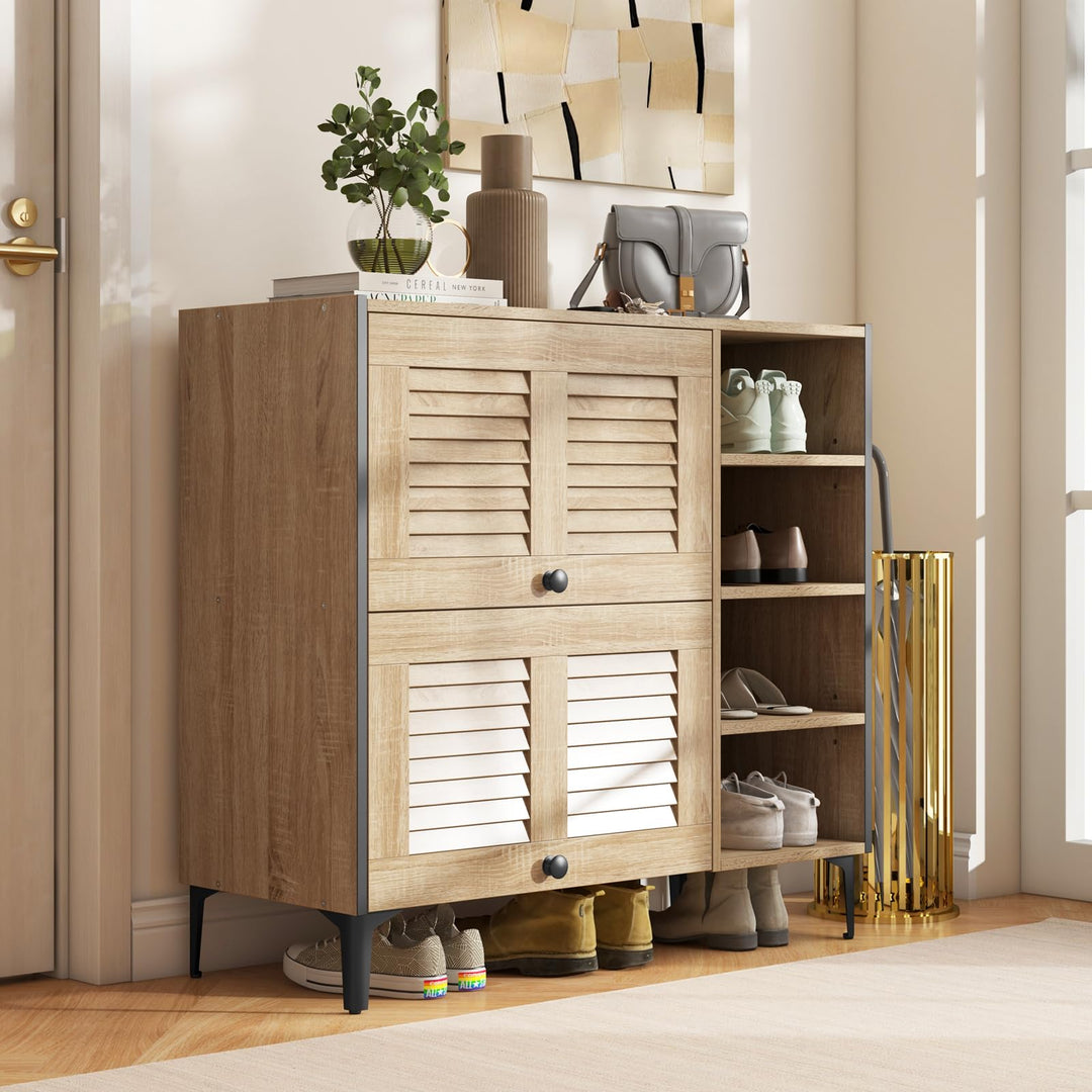 Giantex Shoe Cabinet with Flip &amp; Slide Doors, Shoe Storage Cabinet with Adjustable Cube Shelves(Louvered Doors)