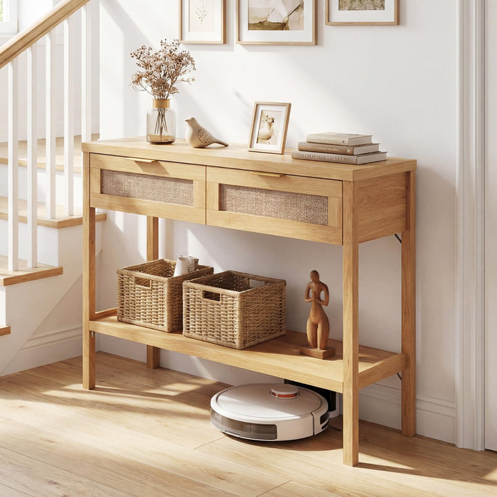 Giantex 40" Rattan Console Table with Storage for Foyer Hallway Entrance