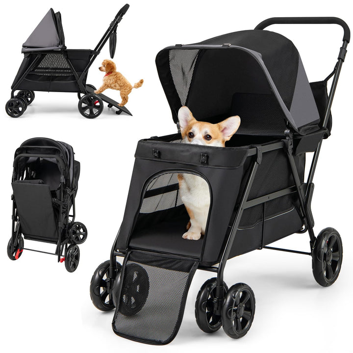 Giantex Dog Stroller with Low Entry &amp; Ramp Access, Cat Stroller with Lockable &amp; Shock-Absorbing All-Terrain Wheels