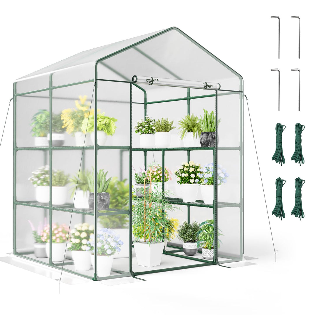 Giantex Walk-in Greenhouse w/ 3 Tiers 4 Shelves, 4 Ground Stakes &amp; Ropes, PVC Cover