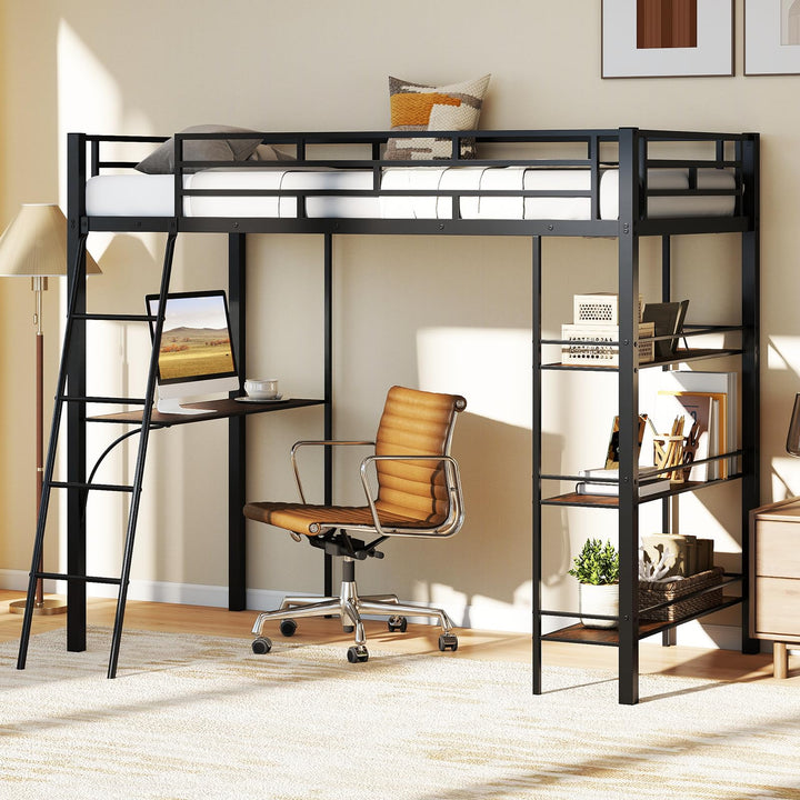Giantex Twin Size Loft Bed with Desk &amp; Shelves for Kids