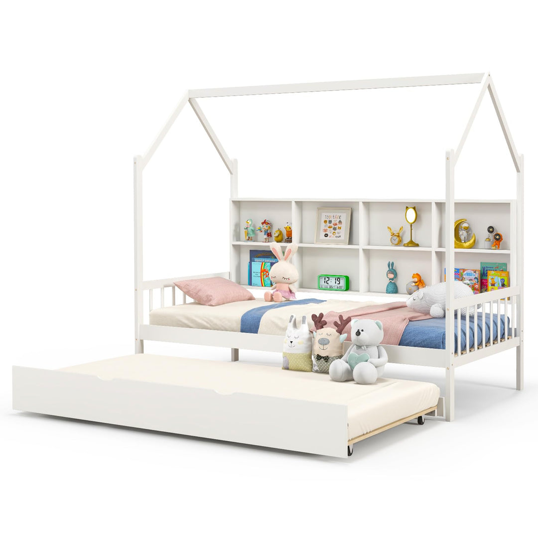 Giantex Twin House Bed with Trundle, Solid Wood Bed Frame with Roof &amp; 8 Cube Bookcase