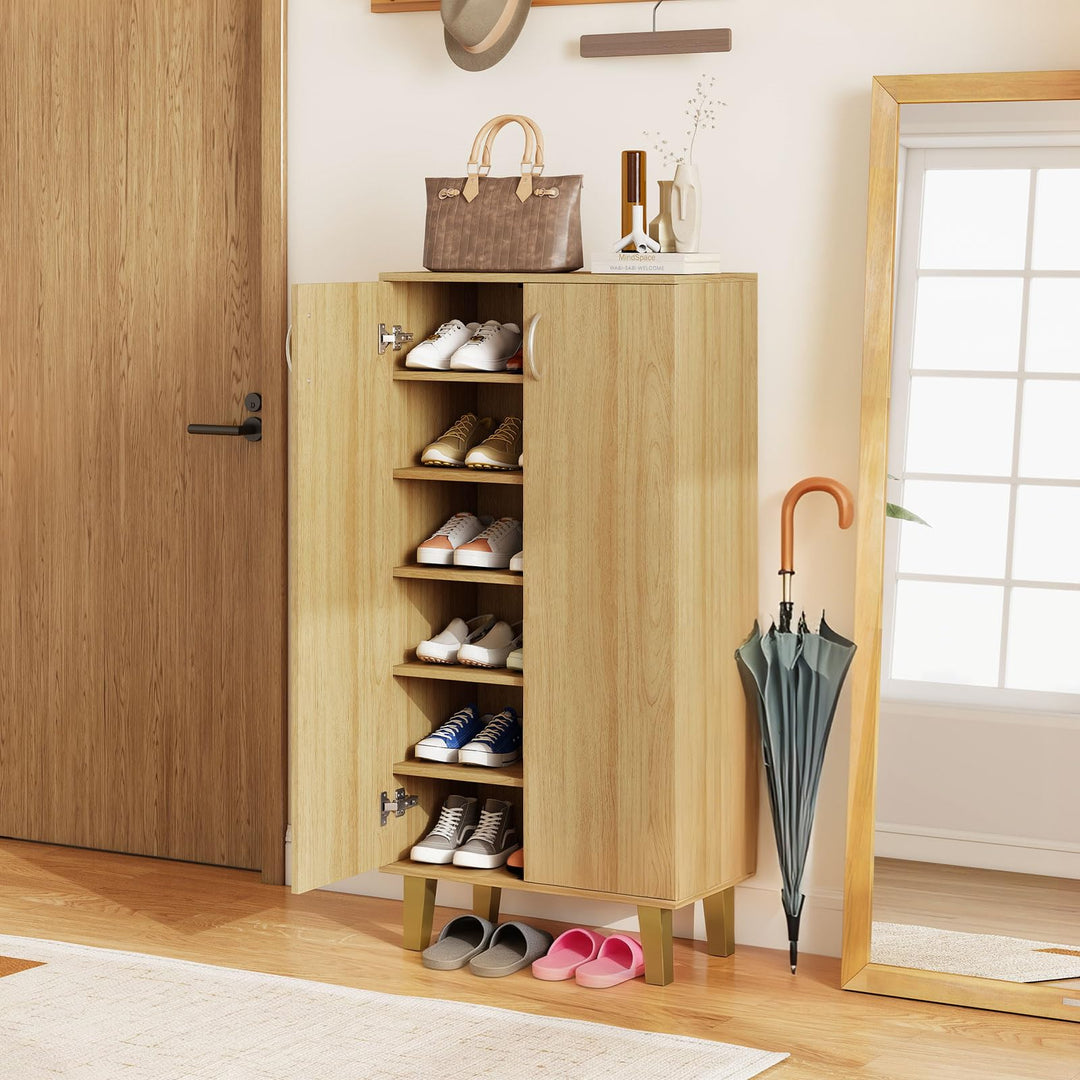 Giantex 6-Tier Modern Freestanding Wooden Shoe Cabinet with Doors and Removable Shelves