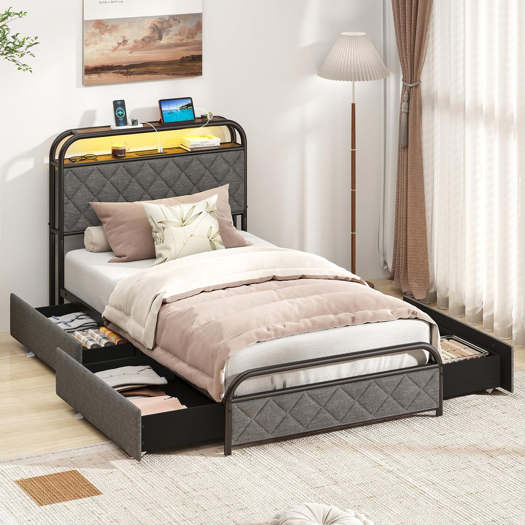 Giantex Queen/Full/Twin Size Bed Frame with 4 Storage Drawers and Charging Station