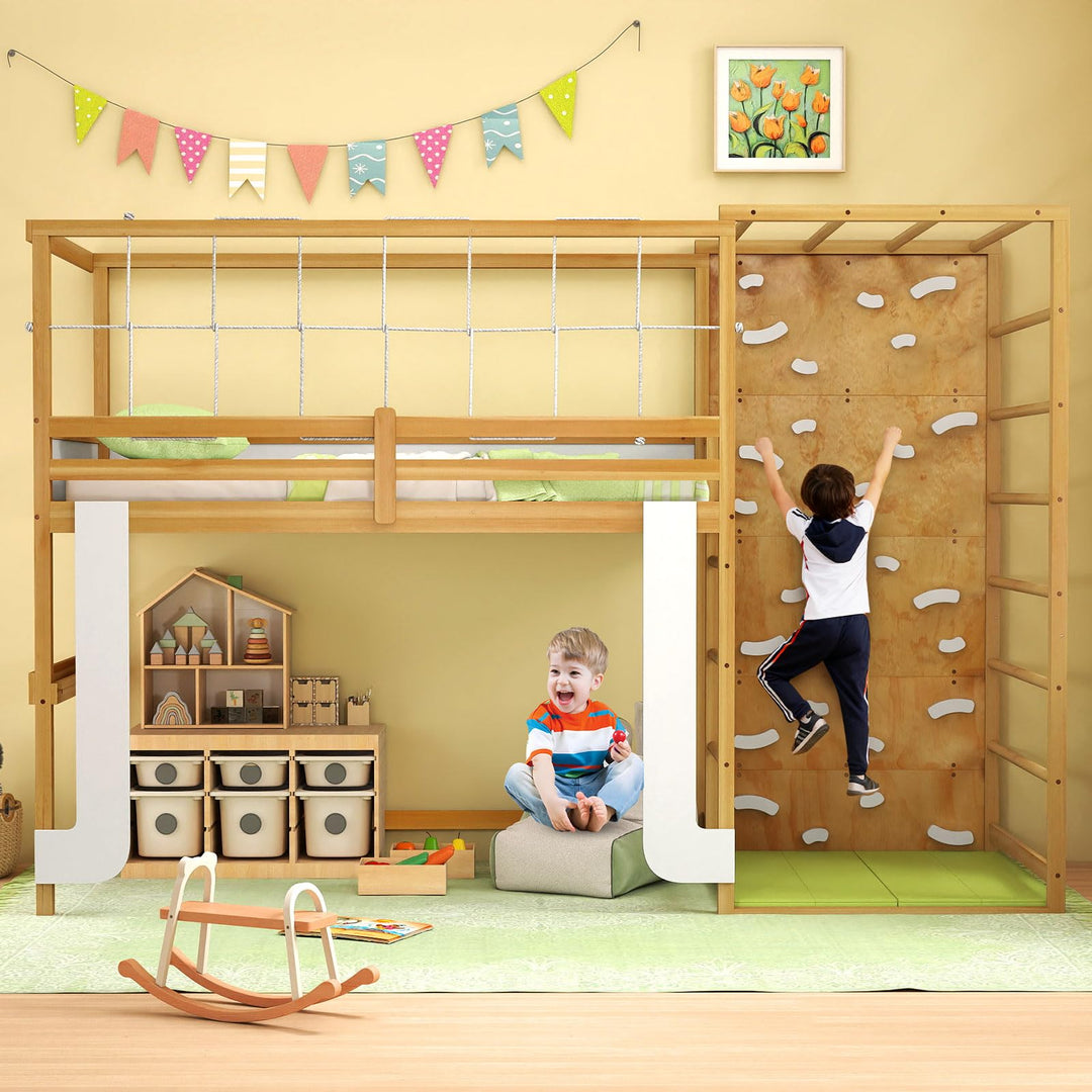 Giantex Twin Bunk Bed with Jungle Gym Wooden Loft Bed with Climbing Ladder