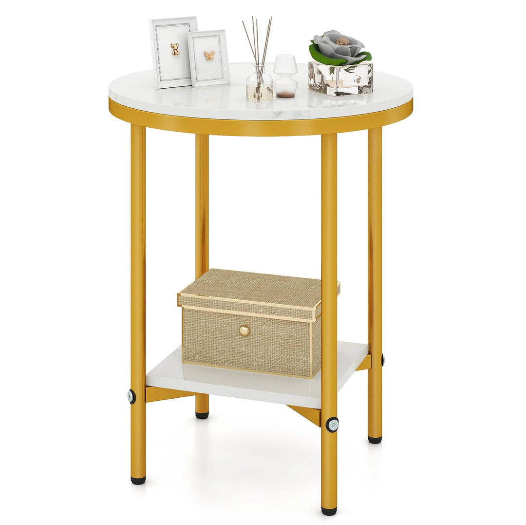 Giantex Round Side Table 2-Tier Faux Marble Sofa Side Coffee Table w/Gold Frame &amp; Open Shelf