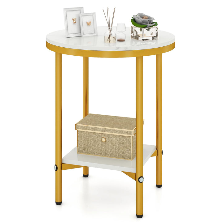 Giantex Round Side Table 2-Tier Faux Marble Sofa Side Coffee Table w/Gold Frame &amp; Open Shelf