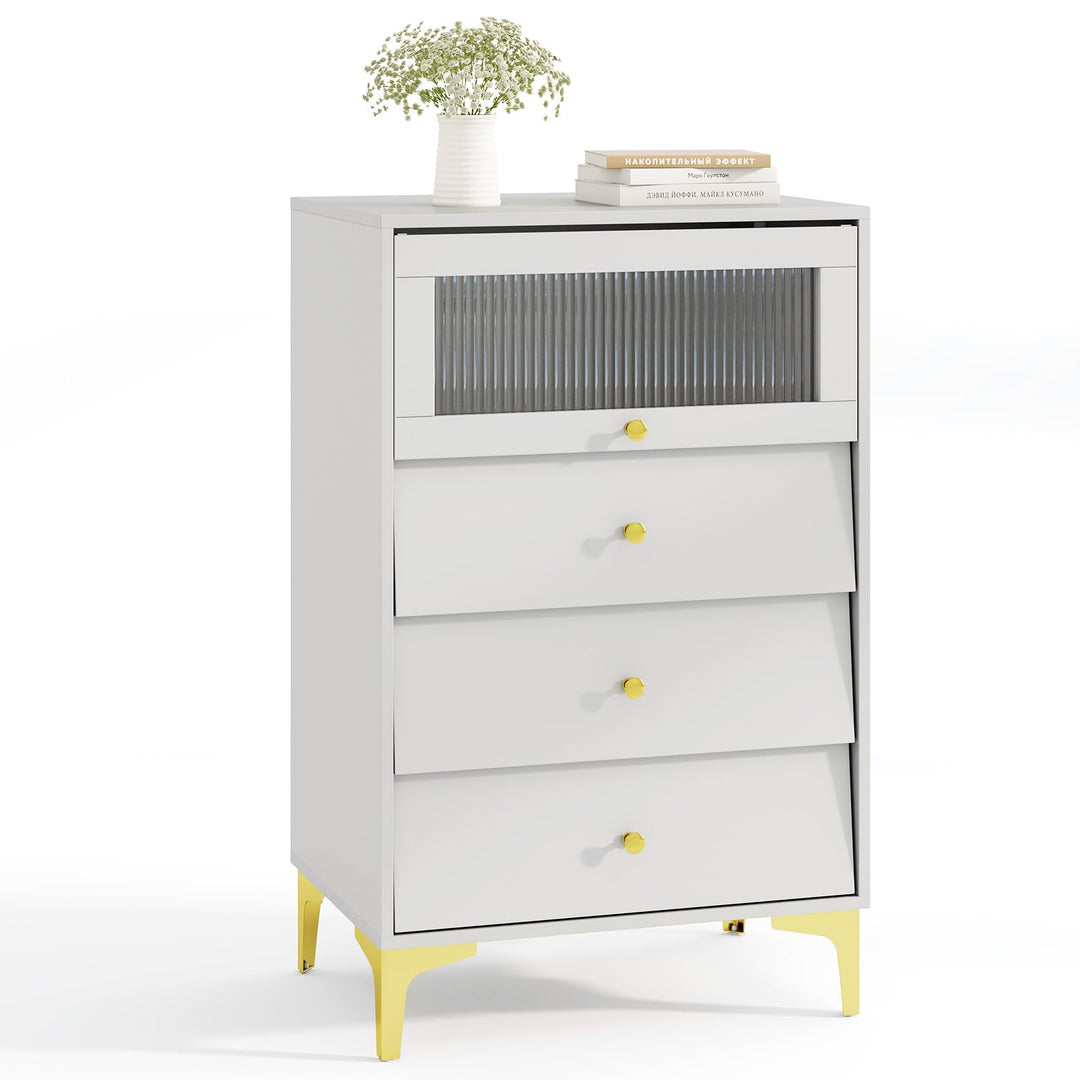 Giantex 3 Drawer Dresser, Modern Storage Cabinet w/Flip Up Fluted Glass Door &amp; Pull-Out Drawers