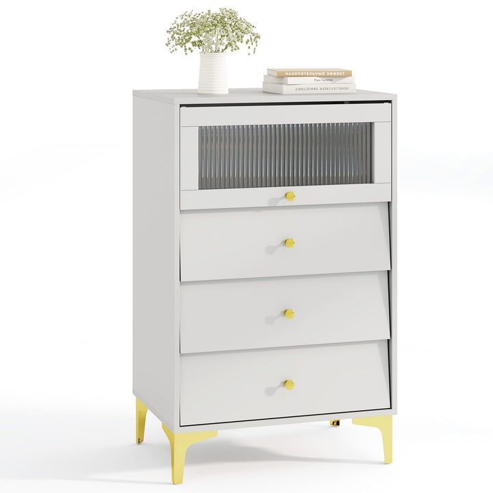 Giantex 3 Drawer Dresser, Modern Storage Cabinet w/Flip Up Fluted Glass Door &amp; Pull-Out Drawers