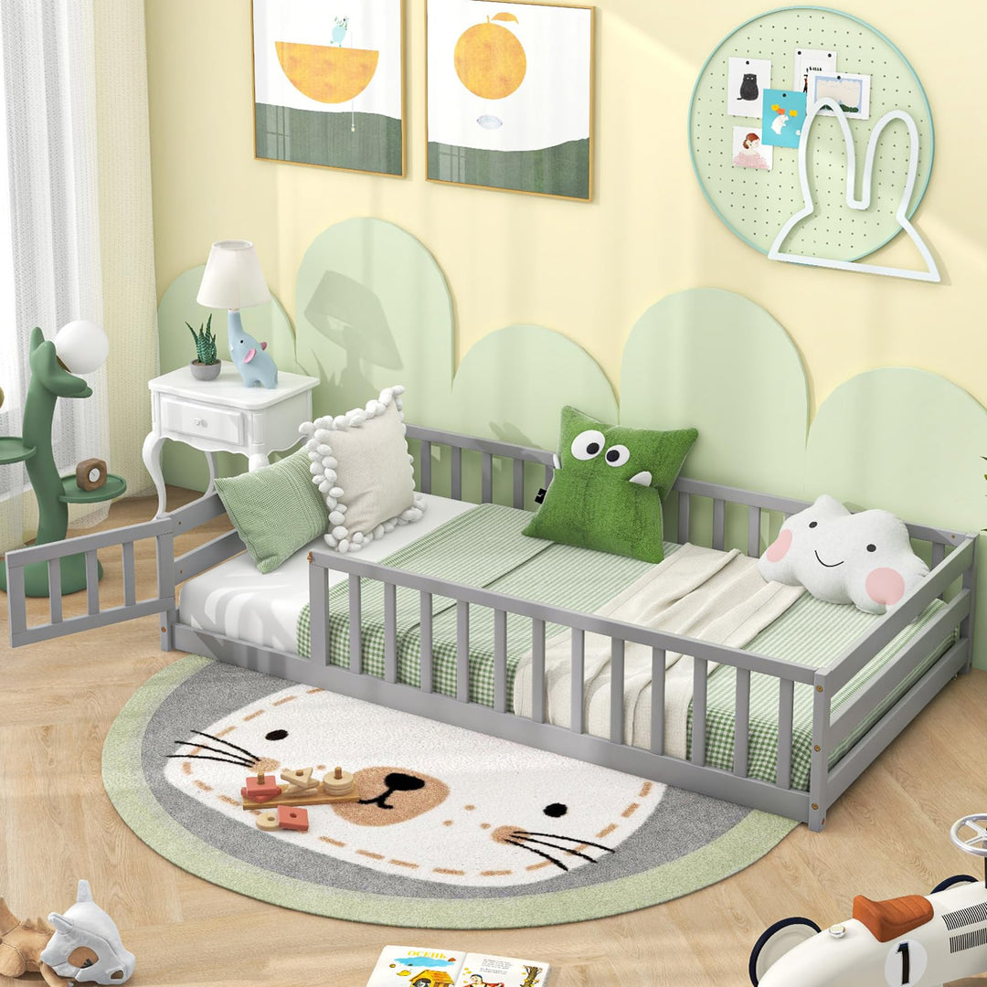 Giantex Twin Floor Bed with Door &amp; Fence, Kids Wood Montessori Bed with Safety Guardrails