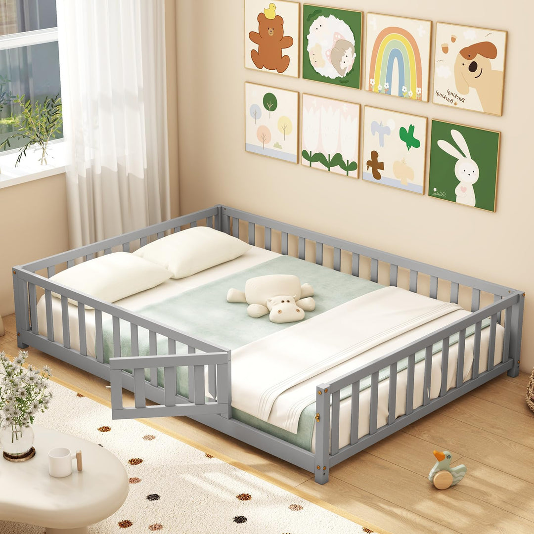 Giantex Full Size Floor Bed for Kids, Montessori Floor Bed with Wood Slats &amp; Safety Guardrails