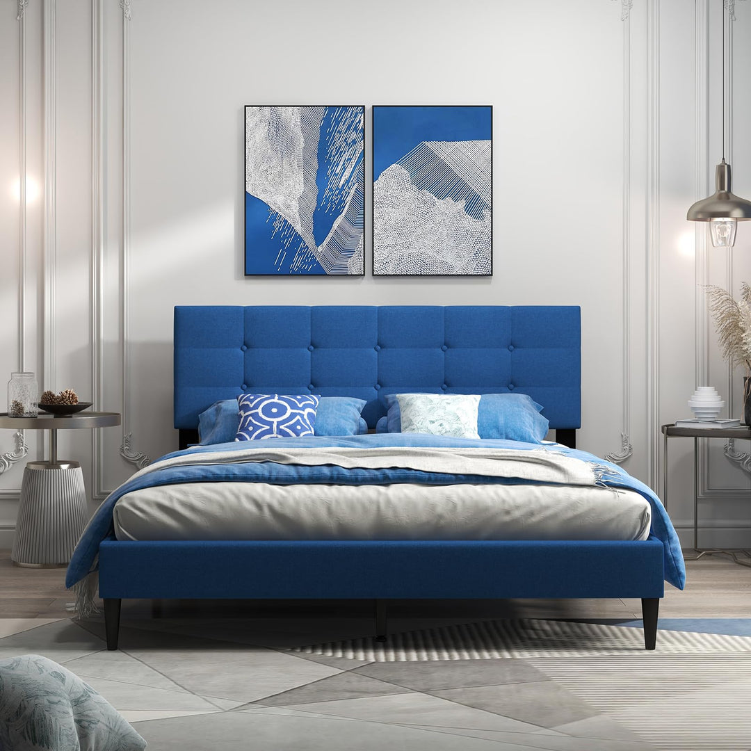Giantex Queen/Twin Size Platform Bed Frame with Button Tufted Headboard and Wooden Slats