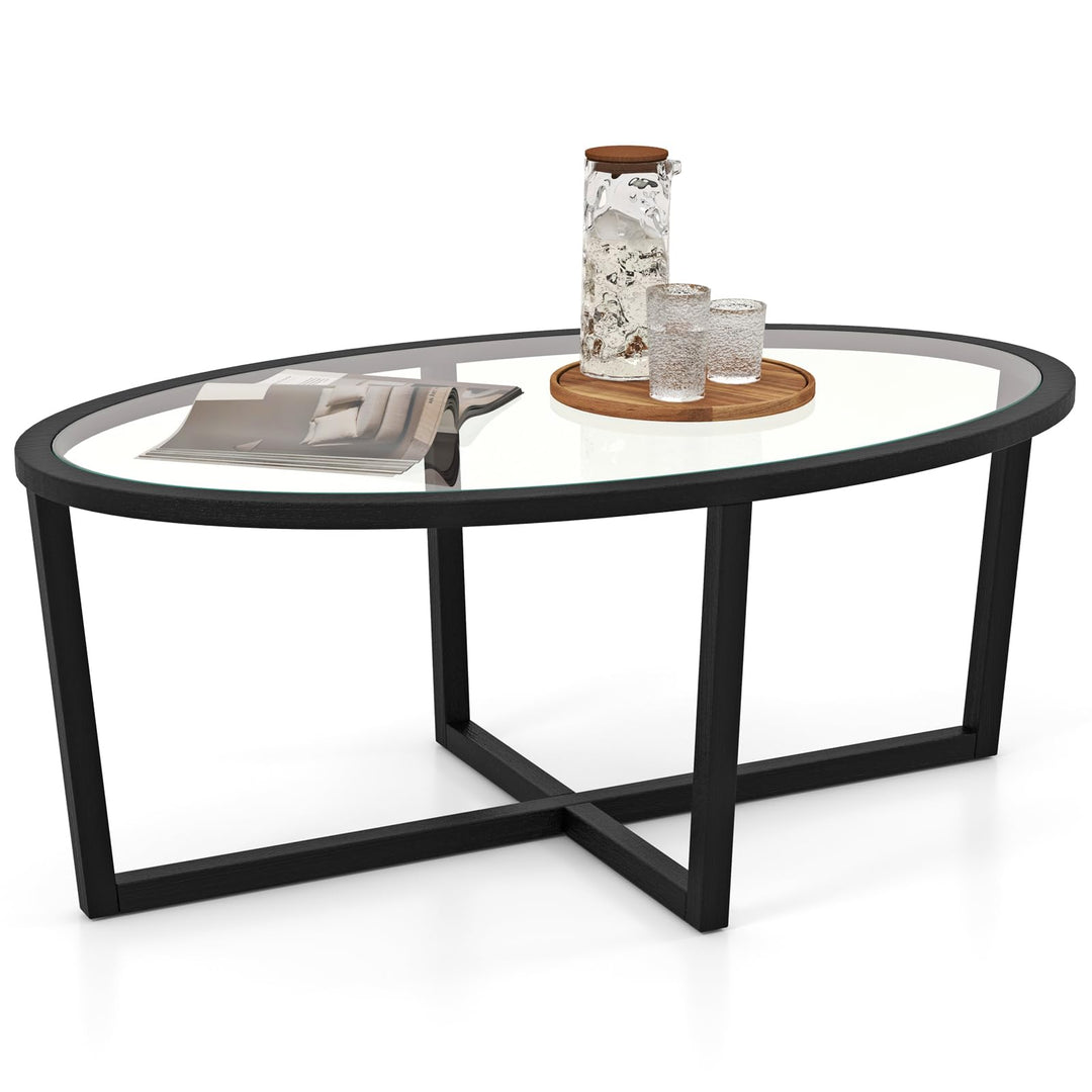 Giantex Glass Coffee Table, 46.5" Oval Accent Sofa Tea Table with Tempered Glass Top, Cross Base &amp; Acacia Wood Legs