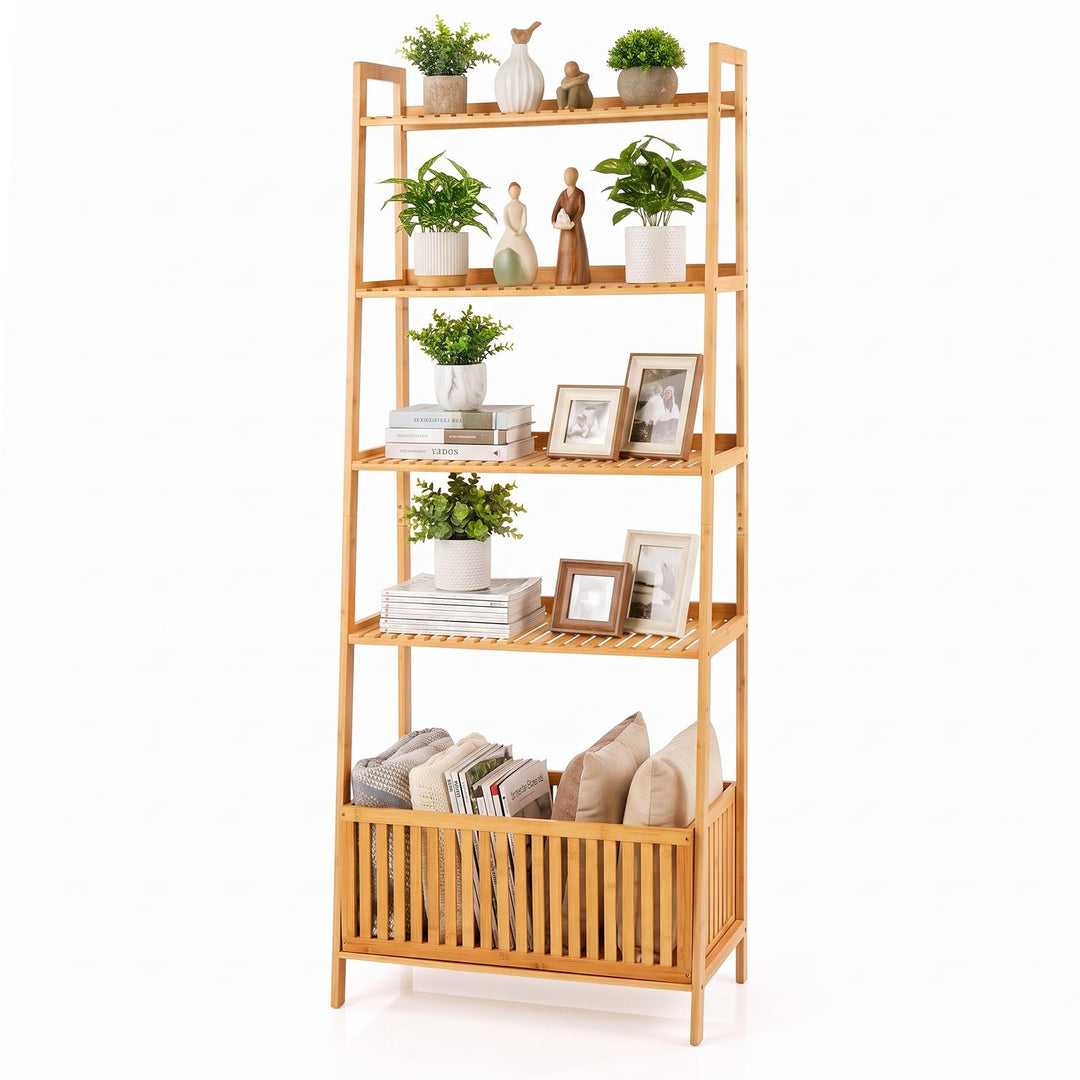 GIANTEX 66" 5-Tier Bamboo Plant Stand Ladder Shelf with Storage Basket
