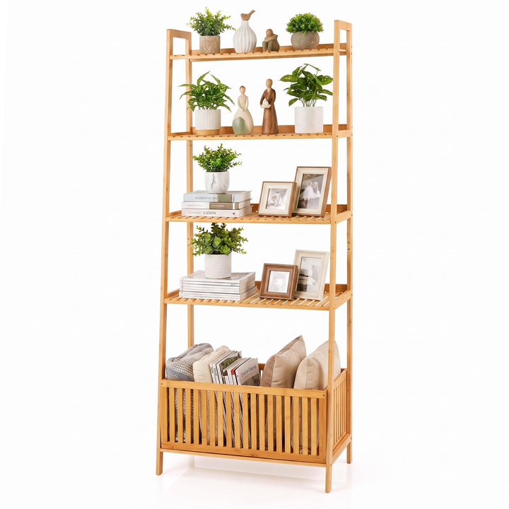 GIANTEX 66" 5-Tier Bamboo Plant Stand Ladder Shelf with Storage Basket