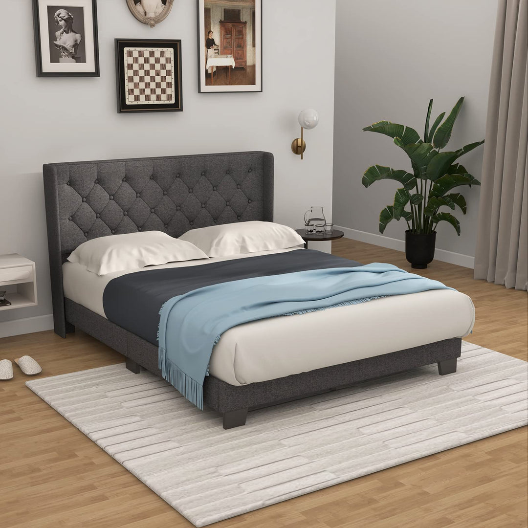 Giantex Queen/Full/Twin Size Bed Frame with Button Tufted Headboard, Modern Fabric Upholstered Platform Bed with Wingback Design, Grey