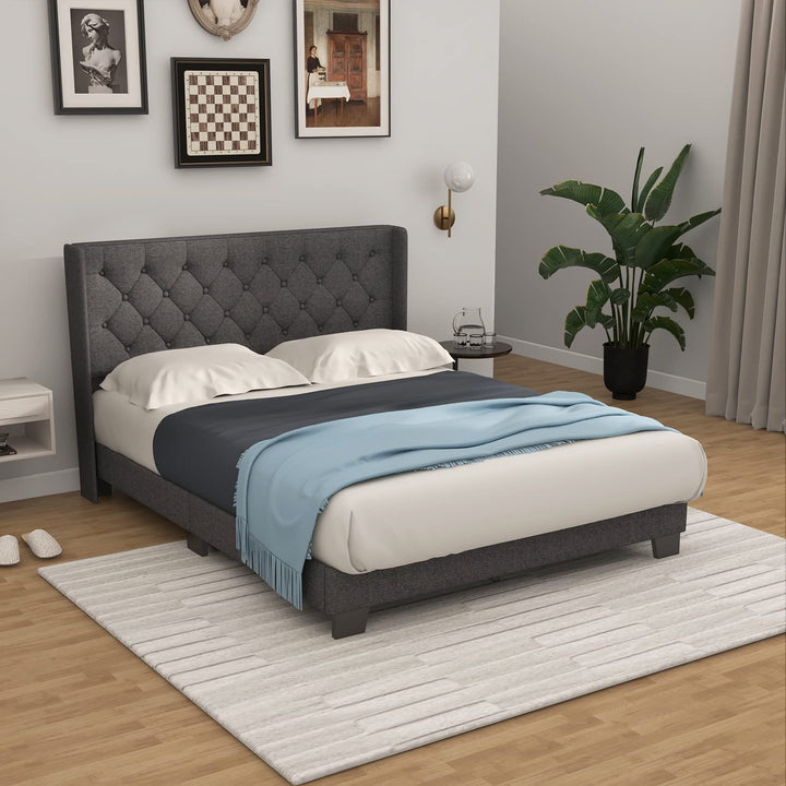 Giantex Queen/Full/Twin Size Bed Frame with Button Tufted Headboard, Modern Fabric Upholstered Platform Bed with Wingback Design, Grey
