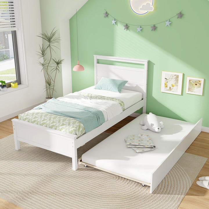 Giantex Trundle Bed Twin, Wood Day Bed Frame with Headboard &amp; Footboard
