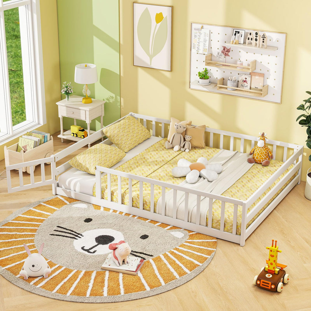 Giantex Floor Bed with Door &amp; Fence Kids Wood Montessori Beds with Safety Guardrails