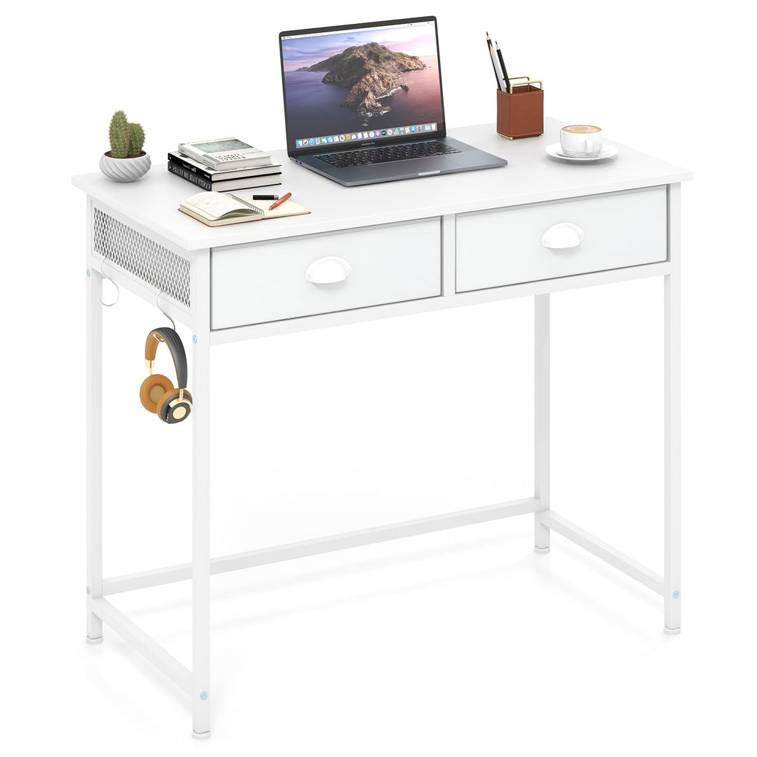Giantex Small Computer Desk with Fabric Drawers, 36 Inch Home Office Desk with 4 Hanging Hooks &amp; Metal Frame
