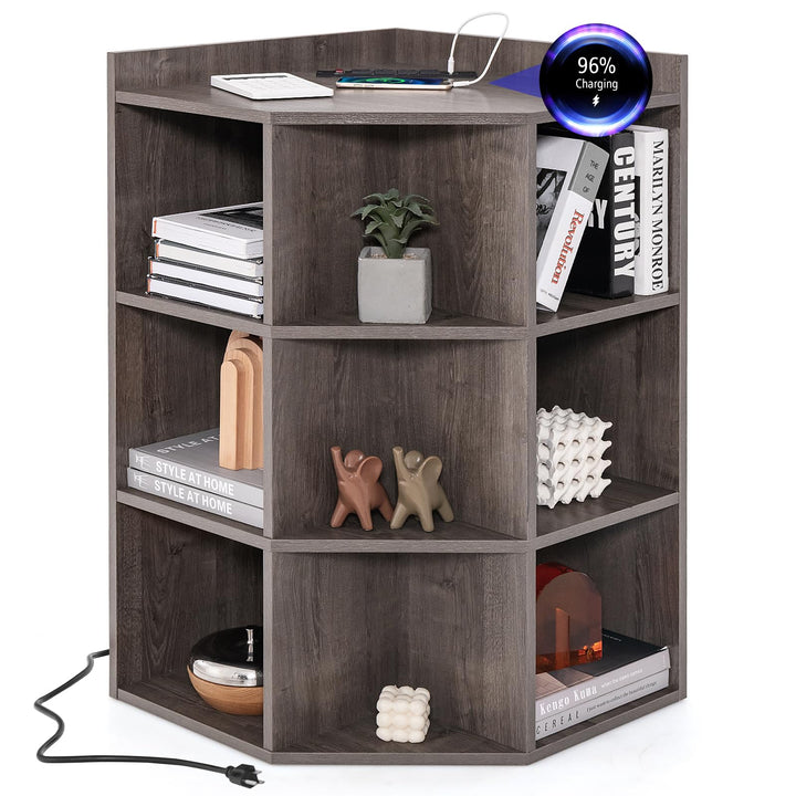 Giantex 3-Tier Corner Cabinet with Charging Station, Corner Shelf with 9 Cubbies, 2 USB Ports &amp; 4 Outlets