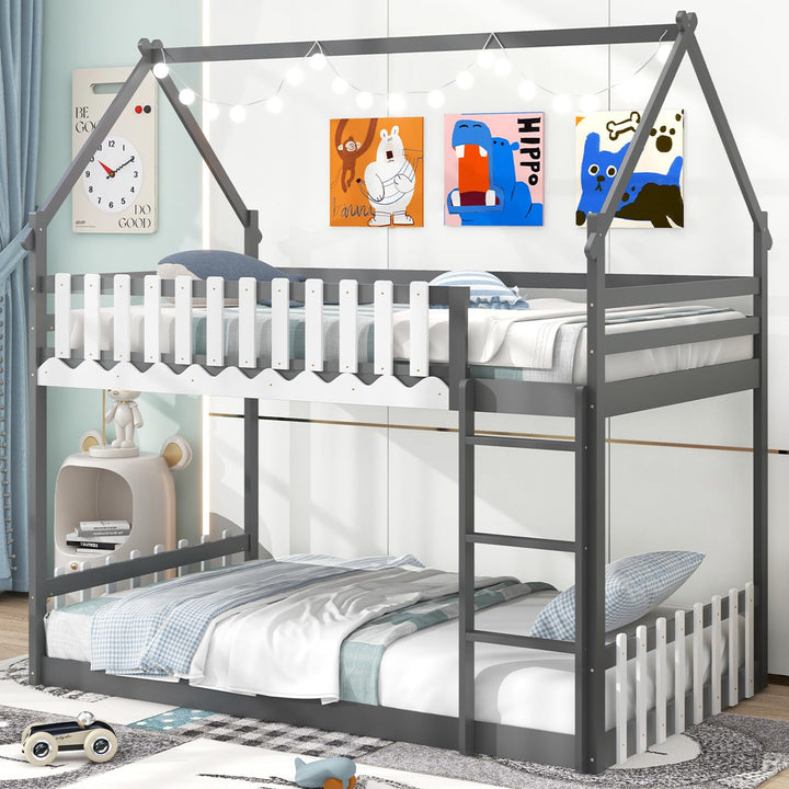 Giantex Bunk Bed Twin Over Twin, Wood House Low Bunk Bed with Ladder &amp; Fence Safety Guardrail
