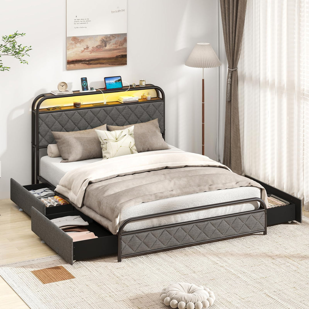 Giantex Queen/Full/Twin Size Bed Frame with 4 Storage Drawers and Charging Station