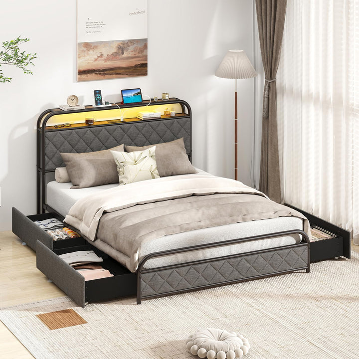Giantex Queen/Full/Twin Size Bed Frame with 4 Storage Drawers and Charging Station