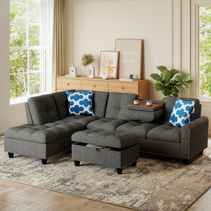 Giantex 98 Inches Sectional Sofa Couch with Movable Storage Ottoman and Linen Fabric Backs