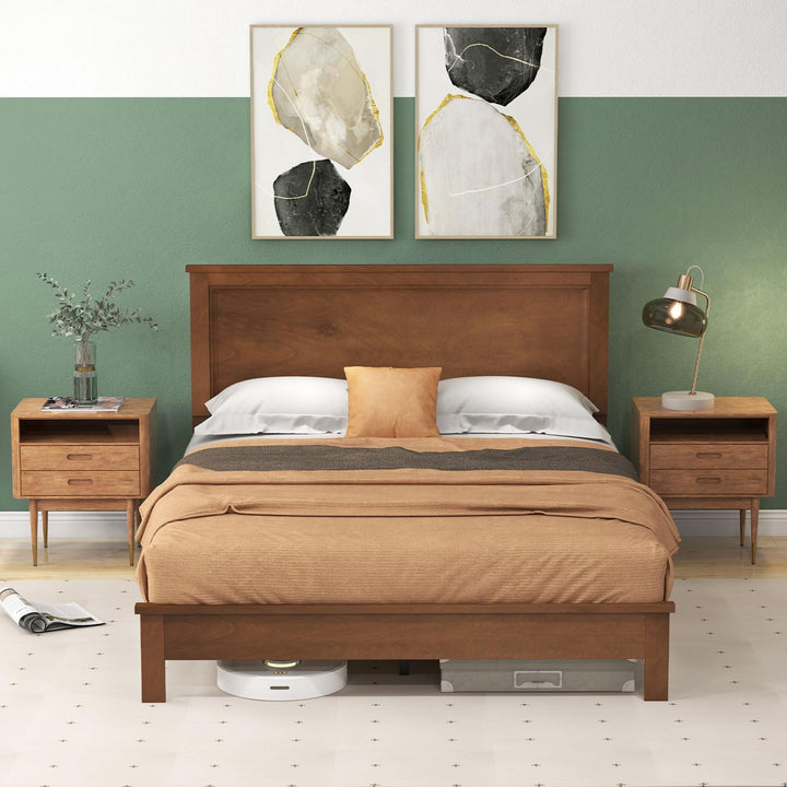 Queen/Full/Twin Size Platform Bed w/ Rubber Wood Legs &amp; Integrated Headboard | Wooden Bed Frame