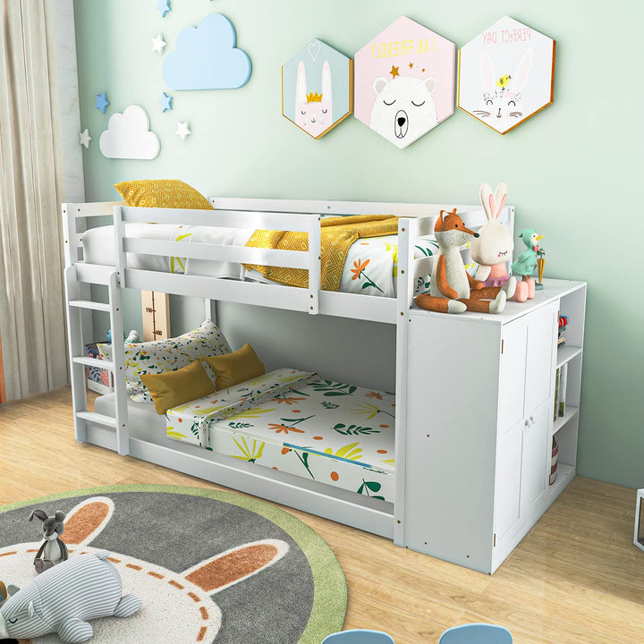 Giantex Twin Over Twin Bunk Bed with Storage Shelves, Solid Wood Bunk Bed Frame with Convertible Bookcase &amp; Ladder, White