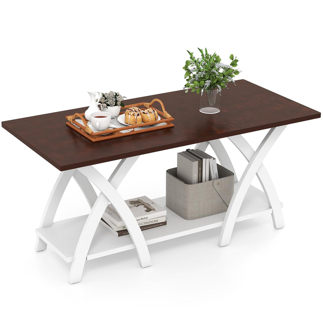 40 Inch Farmhouse Wooden 2-Tier Coffee Table with Storage Shelf for Living Room