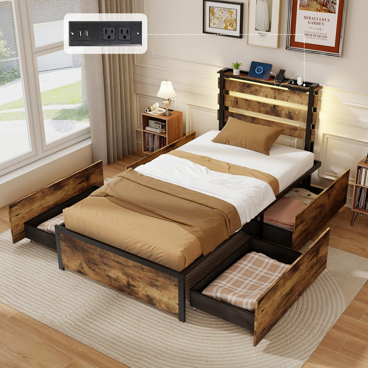 Giantex Queen/Full/Twin Size Bed Frame with LED Lights Headboard and 4 Storage Drawers