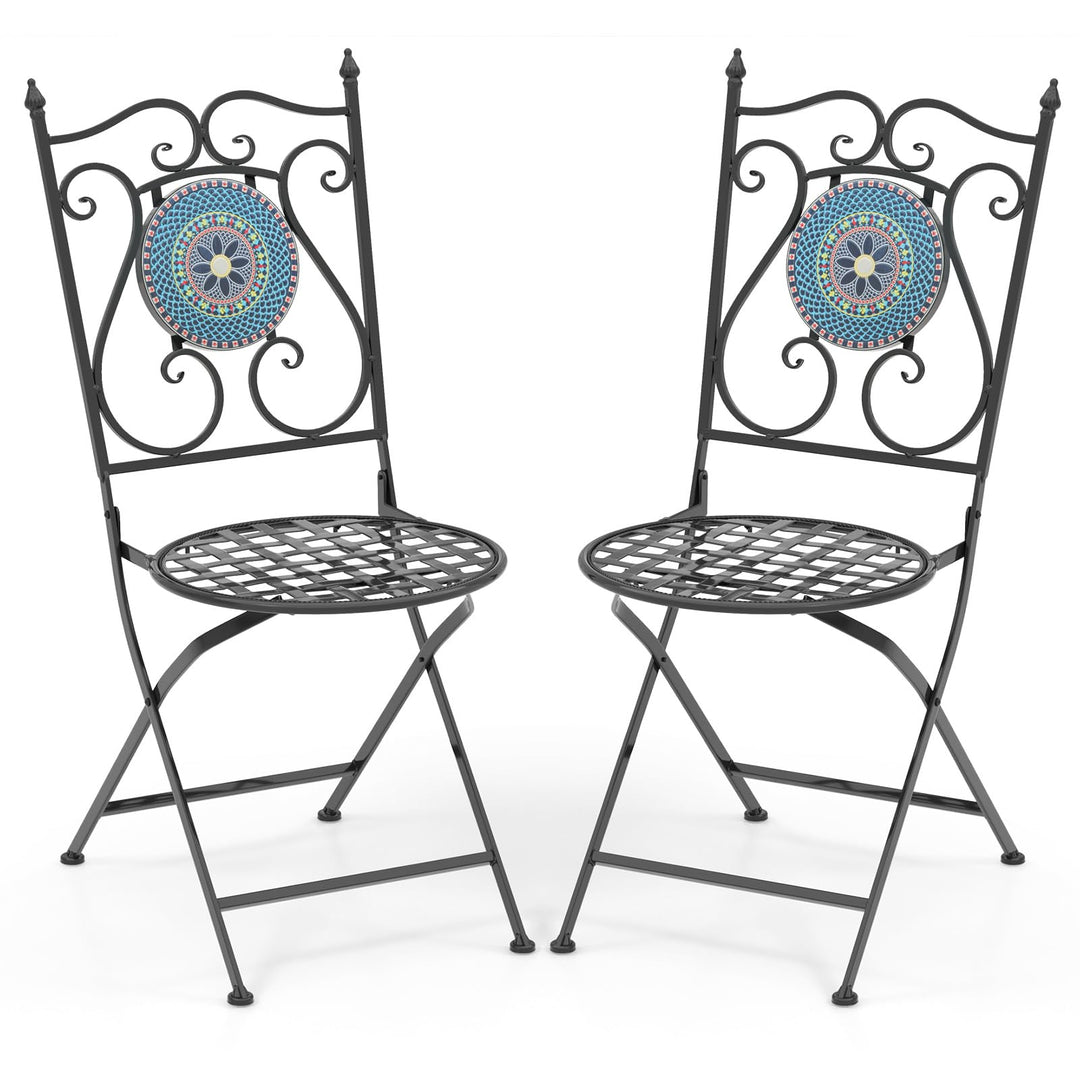 Giantex Patio Folding Chairs, Mosaic Bistro Chairs w/Backrest &amp; Round Seat for Porch Balcony Lawn