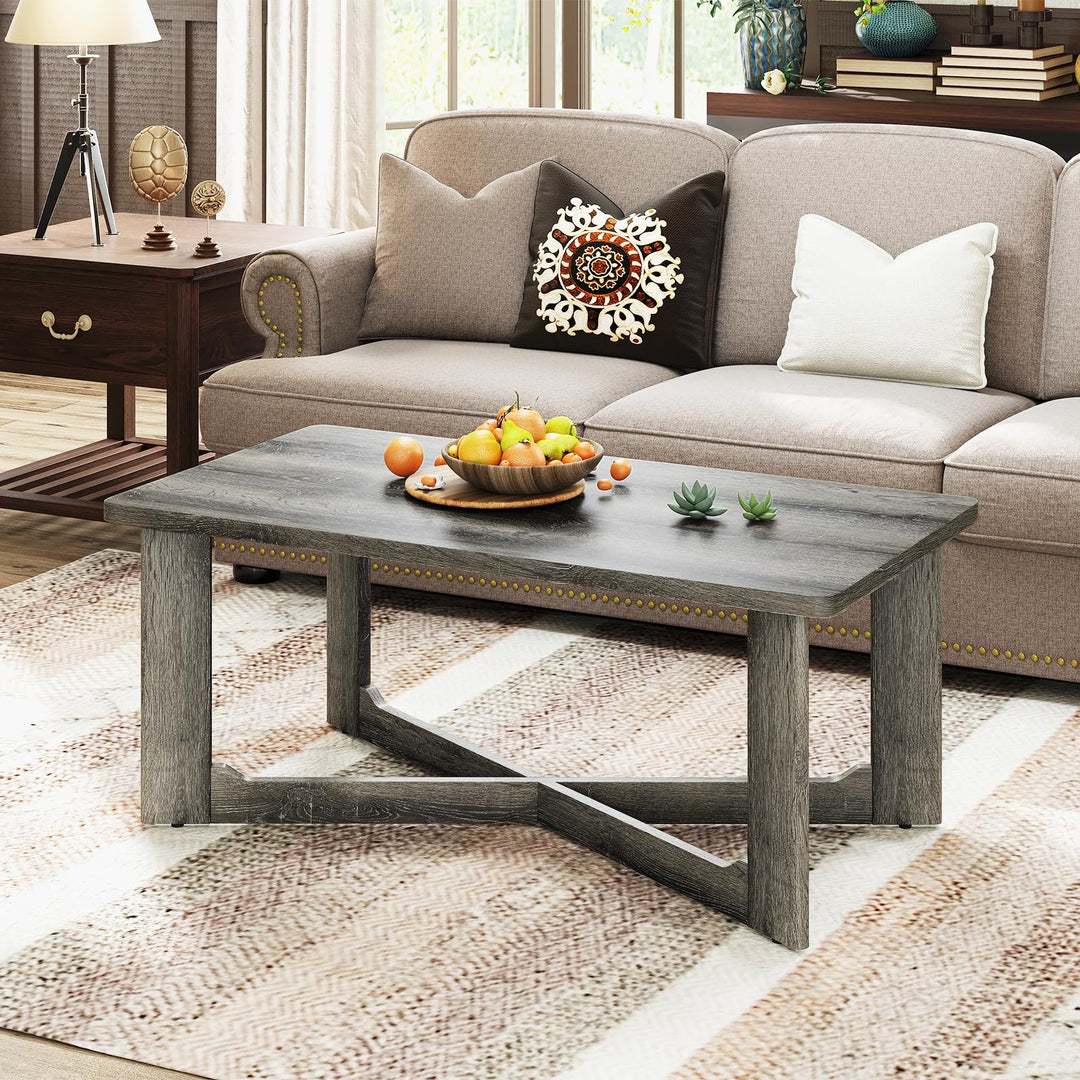 Giantex Farmhouse Wood Coffee Table Rectangle Center Table with X-Shaped Base &amp; Rubber Wood Frame