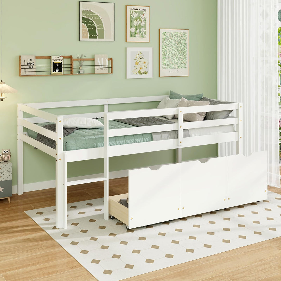 Giantex Twin Low Loft Bed with 3 Drawers, Wooden Loft Bed Frame with Ladder &amp; Full-length Guardrails