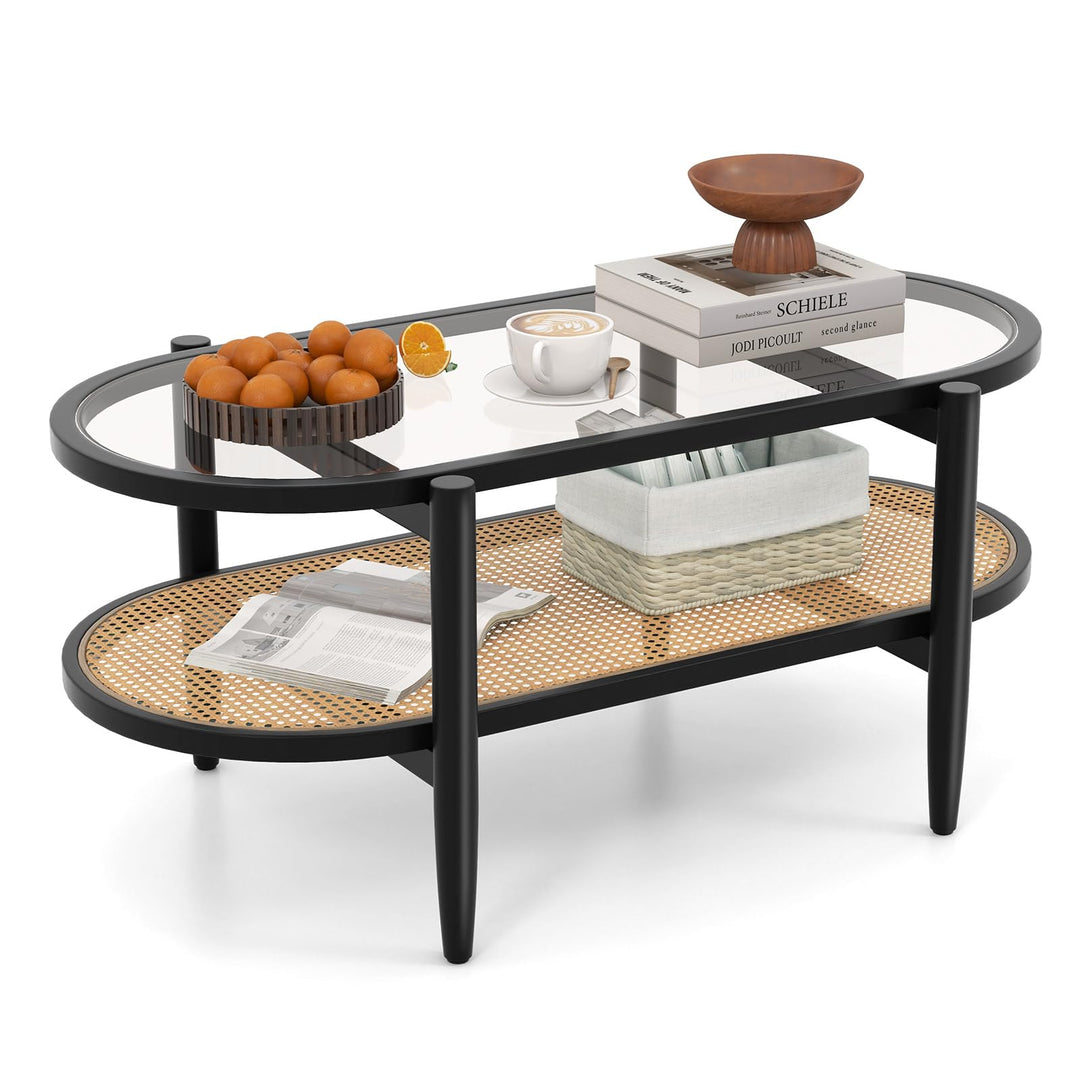 Giantex Rattan Coffee Table, 2-Tier Oval Acacia Wood Tea Table w/Tempered Glass Tabletop &amp; PE Rattan Storage Shelf