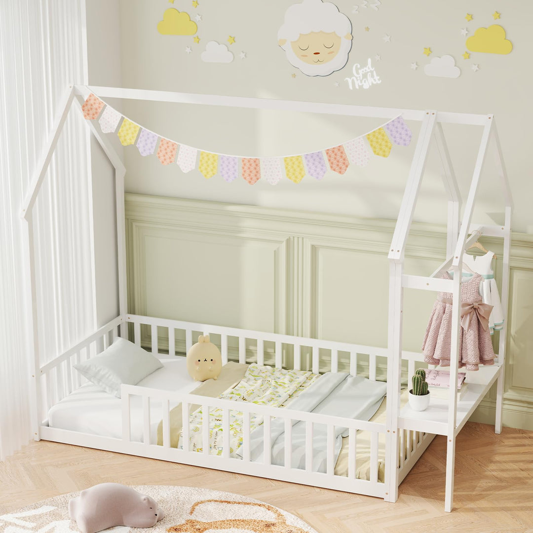 Giantex Twin House Floor Bed, Solid Wood Montessori Floor Bed with Detachable Storage Shelf &amp; Clothes Hanger