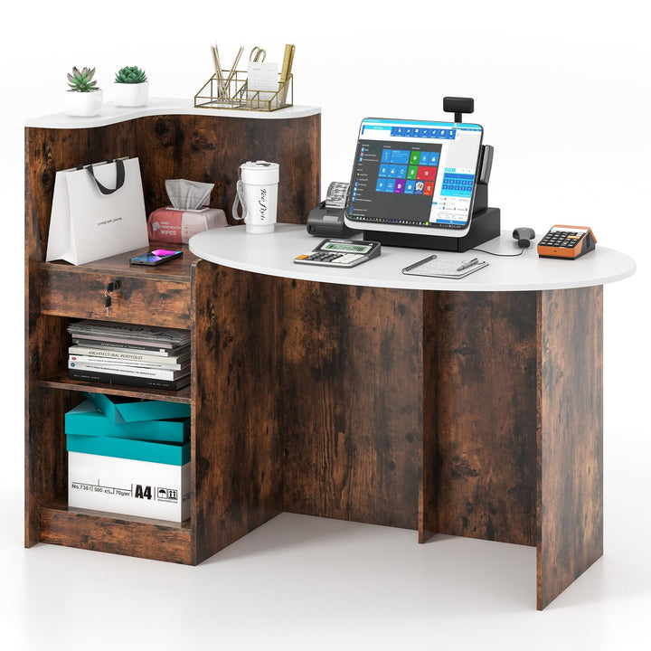 Giantex Reception Desk, Front Counter Desk with Lockable Drawer, Oval Tabletop &amp; Adjustable Shelf
