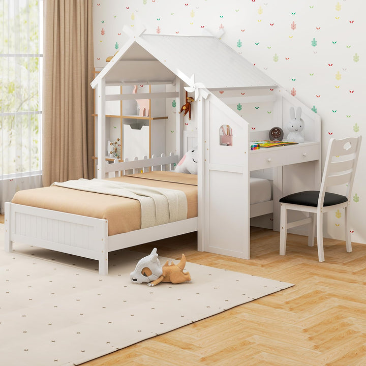 Giantex Twin House Bed with Desk &amp; Chair, Wood Kids Playhouse Bed with 2 Drawers