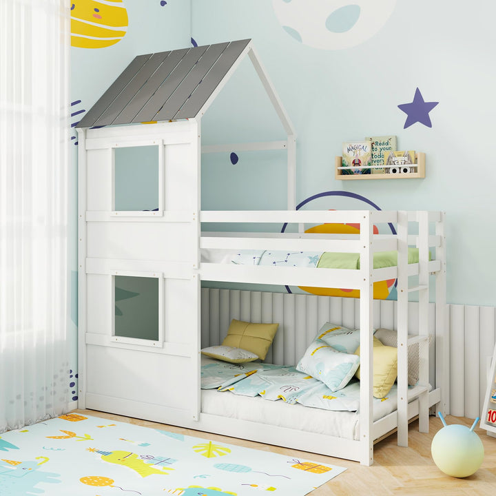 Giantex House Bunk Bed Twin Over Twin, Solid Wood Floor Bunk Bed with Built in Ladder, Window &amp; Safety Guardrail