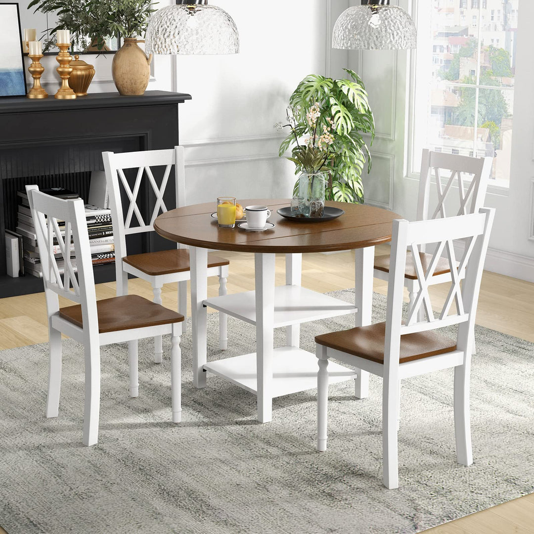 Giantex Dining Table Set for 4 w/Drop Leaf Round Kitchen Table &amp; 4 Chairs, Dining Room Table w/Storage