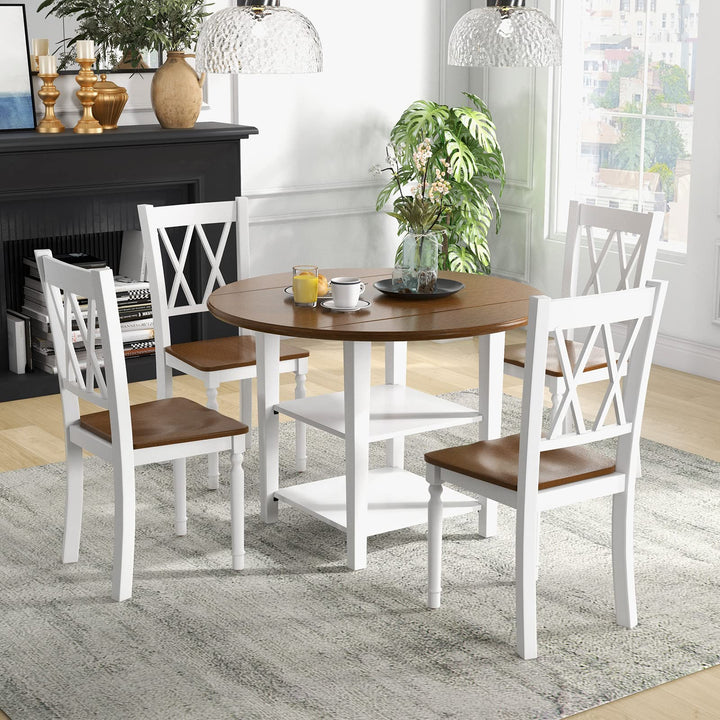 Giantex Dining Table Set for 4 w/Drop Leaf Round Kitchen Table &amp; 4 Chairs, Dining Room Table w/Storage