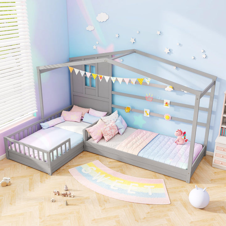 Giantex Double Twin Beds for Kids, House L-Shaped Platform Beds with Window &amp; Fences